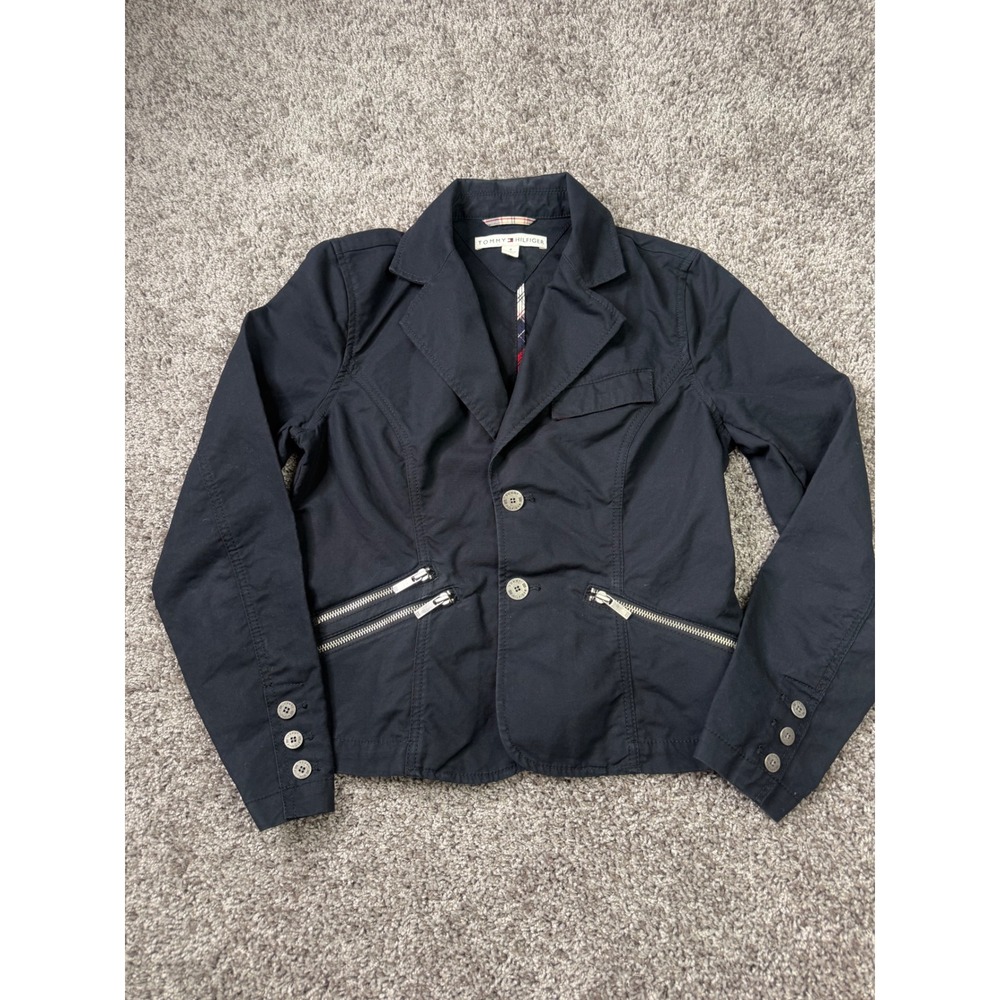 Vintage Tommy Hilfiger Y2K Women's 6 Navy Moto Blazer Jacket Zip Pockets